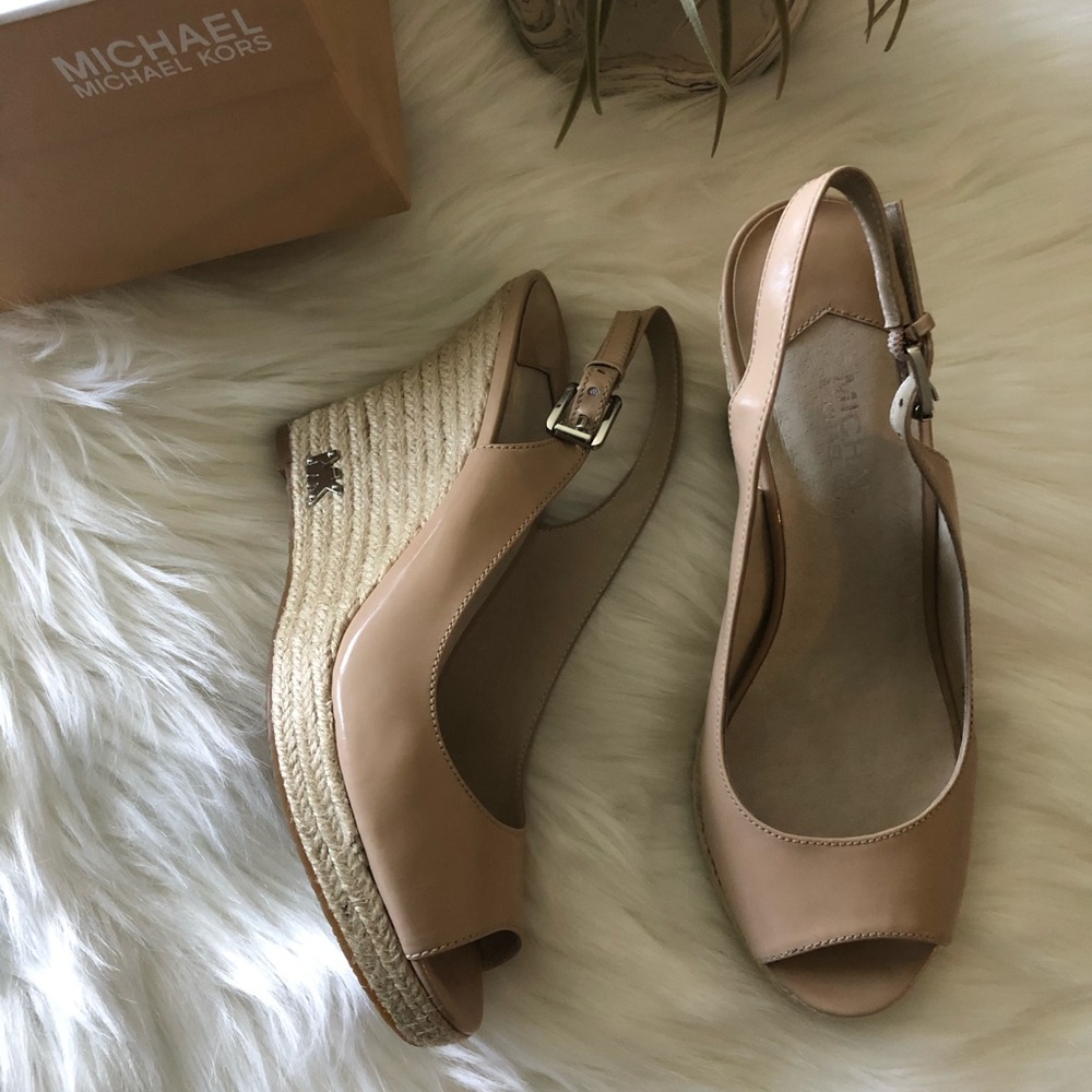MICHAEL Michael Kors Leather Espadrille Slingback Peep Toe Heels Sz 7.5